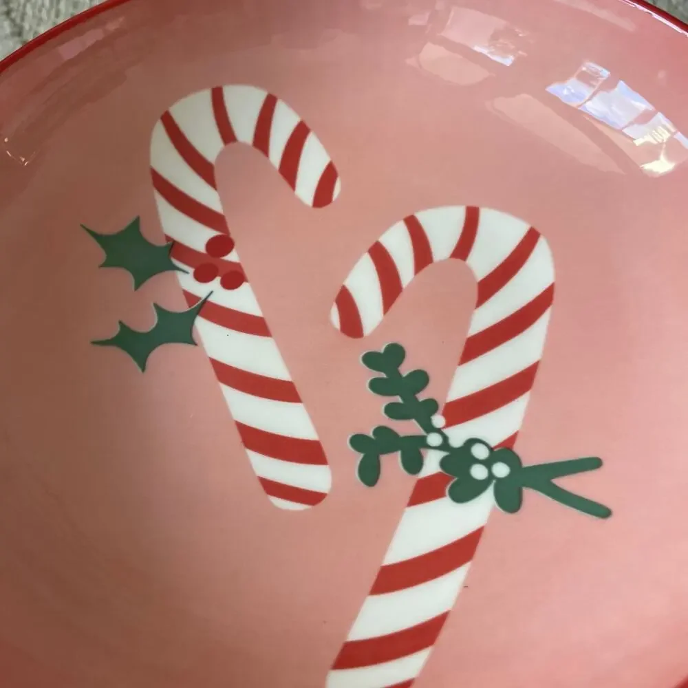 Christmas Candy Cane Dinner Bowl Set of 4 Ceramic Pink Red PrimaDesign Holiday